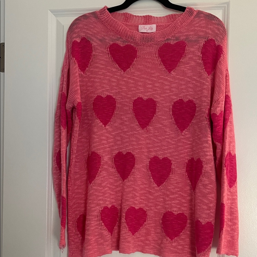 Pink Lily oversized Heart-Pattern Crewneck Sweater Sz L